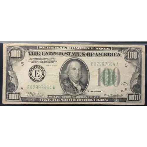 $100 1934 light Green seal. Small Size $100 Federal Reserve Notes 2152-E (2)