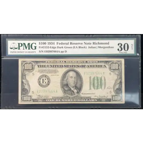$100 1934 light Green seal. Small Size $100 Federal Reserve Notes 2152-E (4)