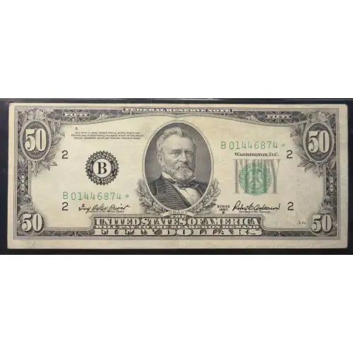 $50 1950-B. blue-Green seal. Small Size $50 Federal Reserve Notes 2109-B* (2)