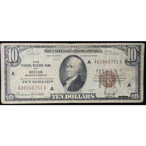 $10 1929 small brown seal. Small National Bank Notes 1801-1