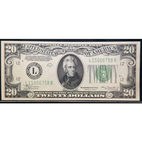 $20 1934-A. blue-Green seal. Small Size $20 Federal Reserve Notes 2055-L (4)
