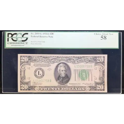 $20 1934-A. blue-Green seal. Small Size $20 Federal Reserve Notes 2055-L (3)