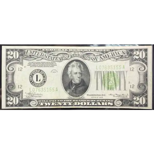 $20 1934 light Green seal. Small Size $20 Federal Reserve Notes 2054-L