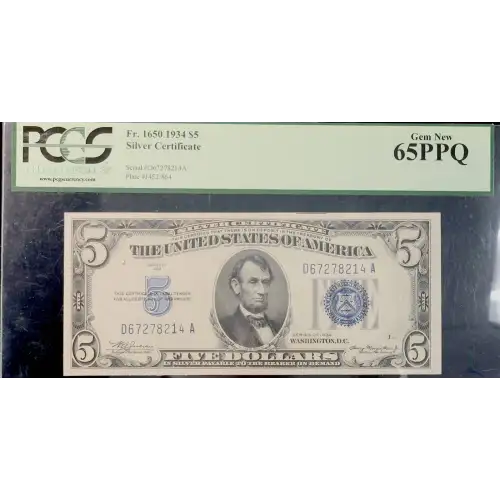 $5 1934 blue seal. Small Silver Certificates 1650 (2)
