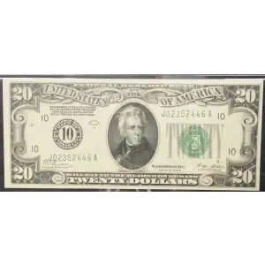 $20 1928-A. Green seal. Small Size $20 Federal Reserve Notes 2051-J