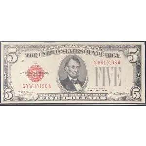 $5 1928-C red seal. Small Legal Tender Notes 1528 (4)
